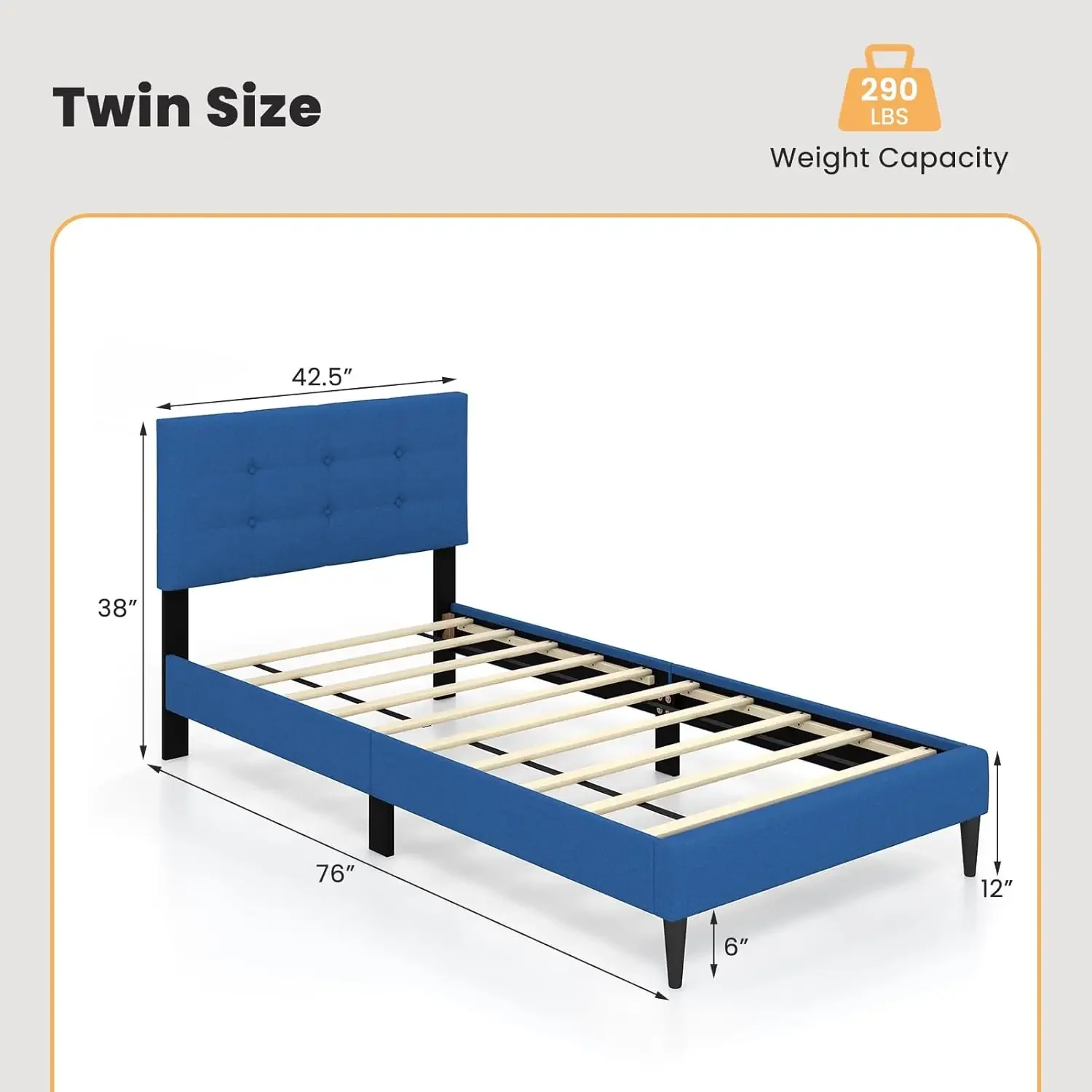 Twin Bed Frames for Kids, Modern Fabric Linen Upholstered Platform Bed Frame with Button Tufted Headboard and Wooden Slats,