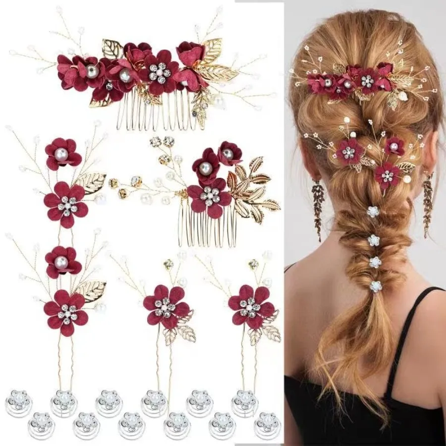 

18 Pieces Bridal Wedding Party Prom Pearl Rhinestone Flower Hair Side Combs Slides+U-shaped Flower Hair Pins+Twist Spiral Hairp
