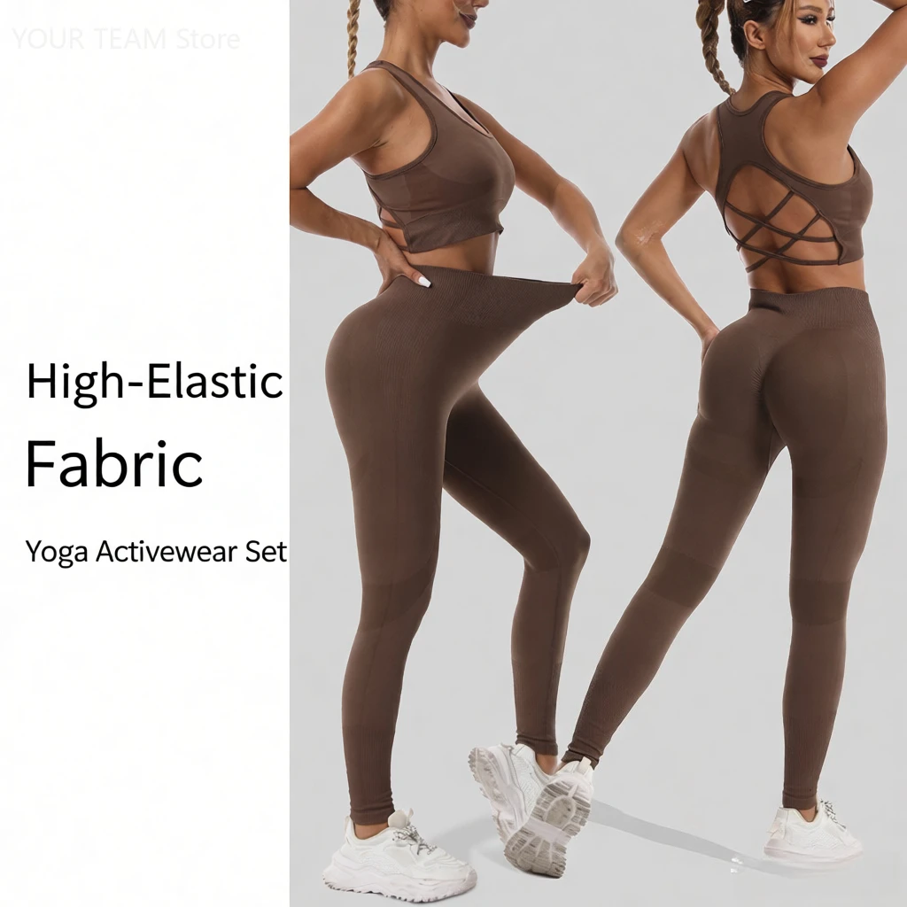 Women's Seamless Workout Set Quick Dry Sports Bra Leggings New Shockproof Crisscross Back Yoga Outfit Gym Fitness Activewear