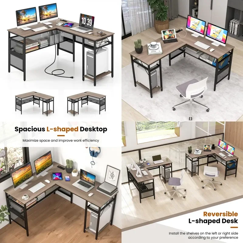 Reversible L Shaped Corner Desk with Power Strip Adjustable Shelf Large Gaming Table Modern Study Writing Workstation