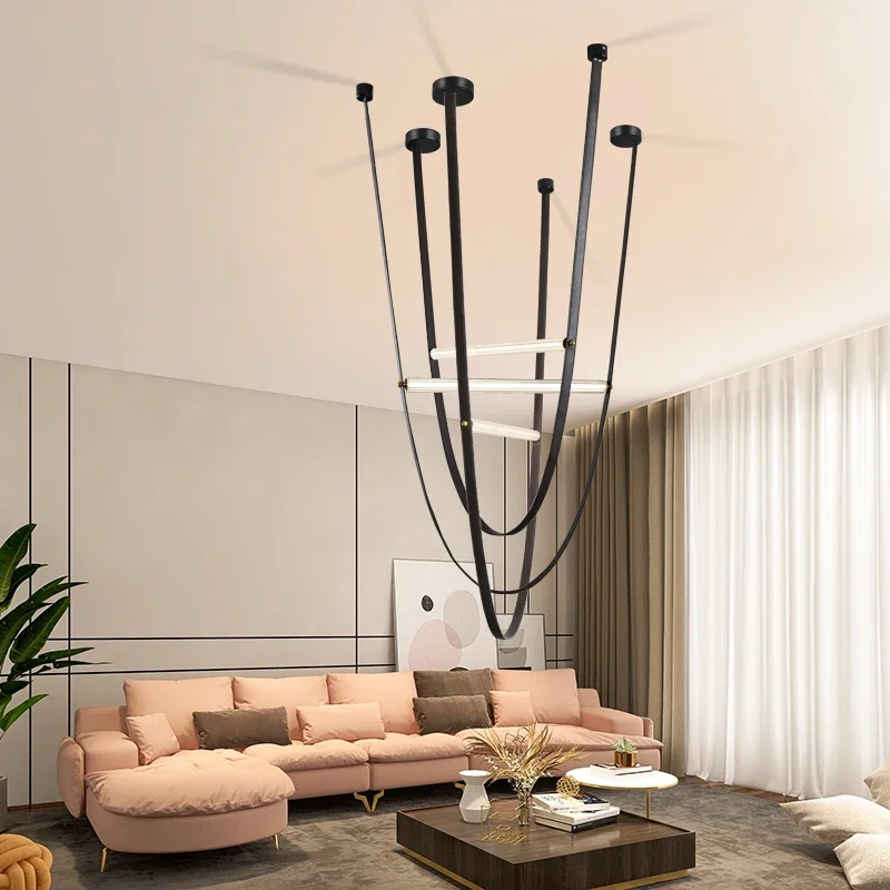 

Postmodern Art Leather Lamp Long Glas Lamp Living Room Duplex Villa Stairwell Hanging Lamp Creativity Dining Room Led Chandelier