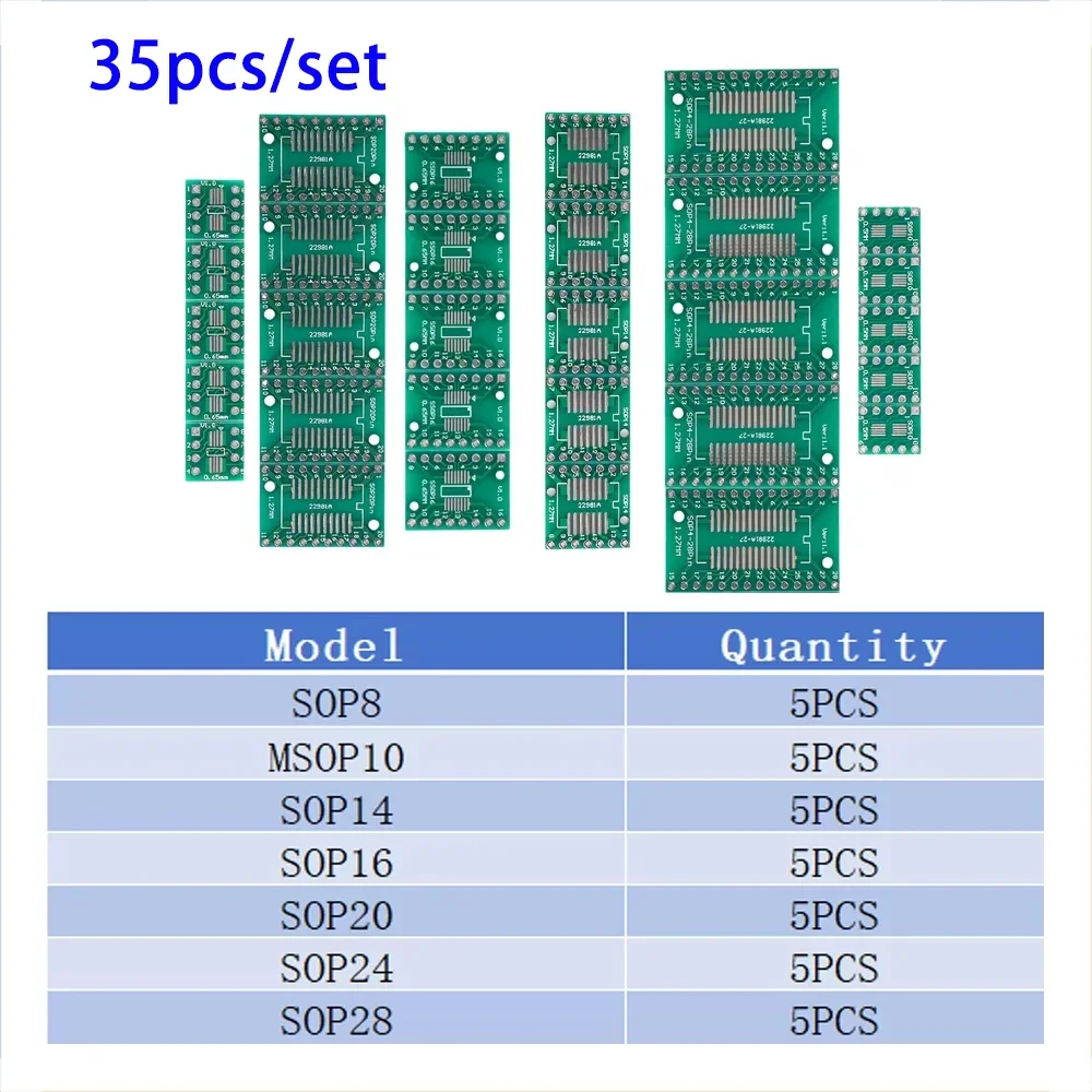 35PCS SMD to DIP Adapter Kit for SOP8/16/24/TSSOP/QFN48 + 40P 2.54mm Straight Header, PCB Prototyping No Soldering