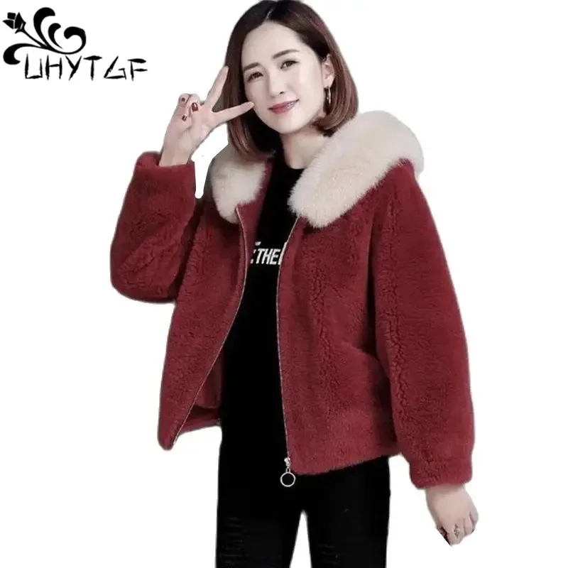 

Sheep Shearling Imitation Fur Coat Women's Fox Fur Collar Hooded Autumn Winter Jacket Female Granular Fleece Short Outerwear 533