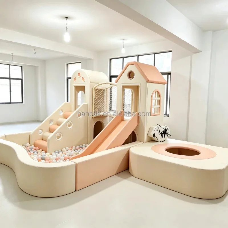 Modular Cream Beige Soft Play for Toddlers Indoor Playground with Slide Rope Net Bridge, Ball Pit for Daycares Mall Play Cafe
