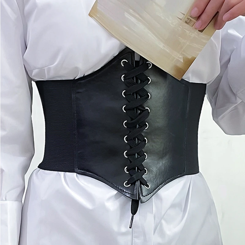 جديد مرونة عالية الدانتيل متابعة مشد المرأة الأسود ريترو الشرير بولي PU التخسيس حزام عريض للمرأة موضة القوطية حزام عالي الخصر