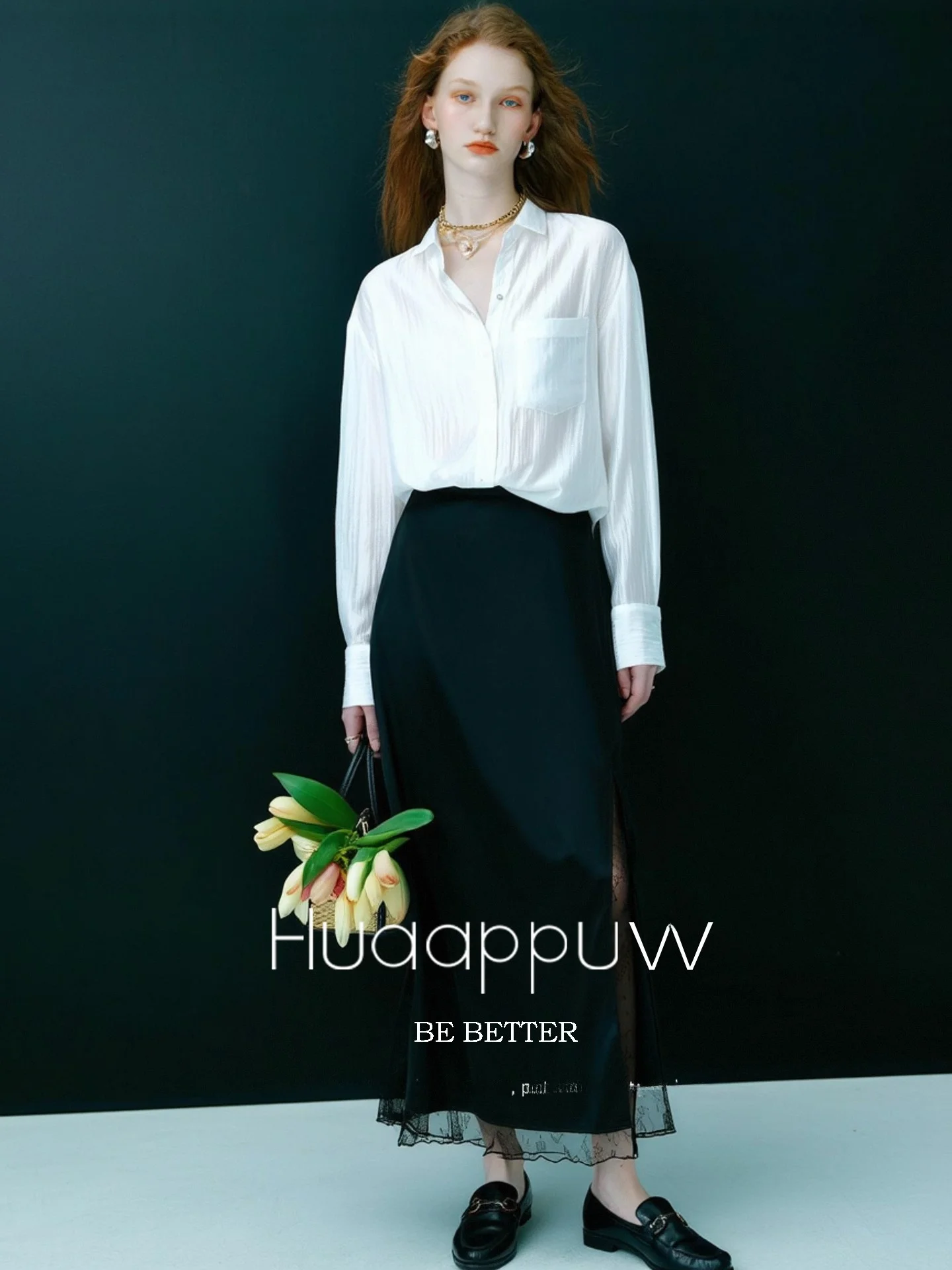 Elegant Black Lace Splice Satin Half Skirt Huaappuw Romantic Design Commute Friendly High Waist Straight Cut Midi Skirt