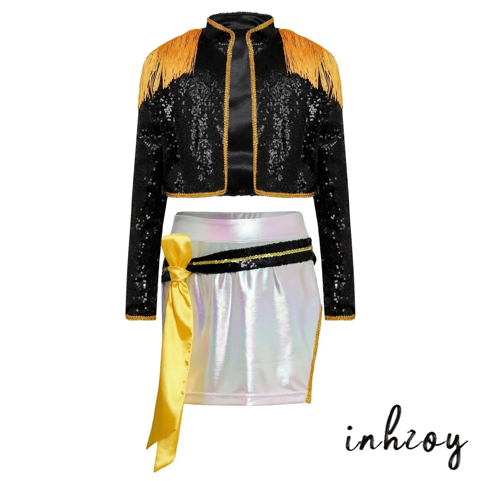 

Kids Girls Demon Rockstar Costume Sparkly Sequins Tassel Outwear And Skirt with Built-In Shorts And Ribbon for Halloween Cosplay