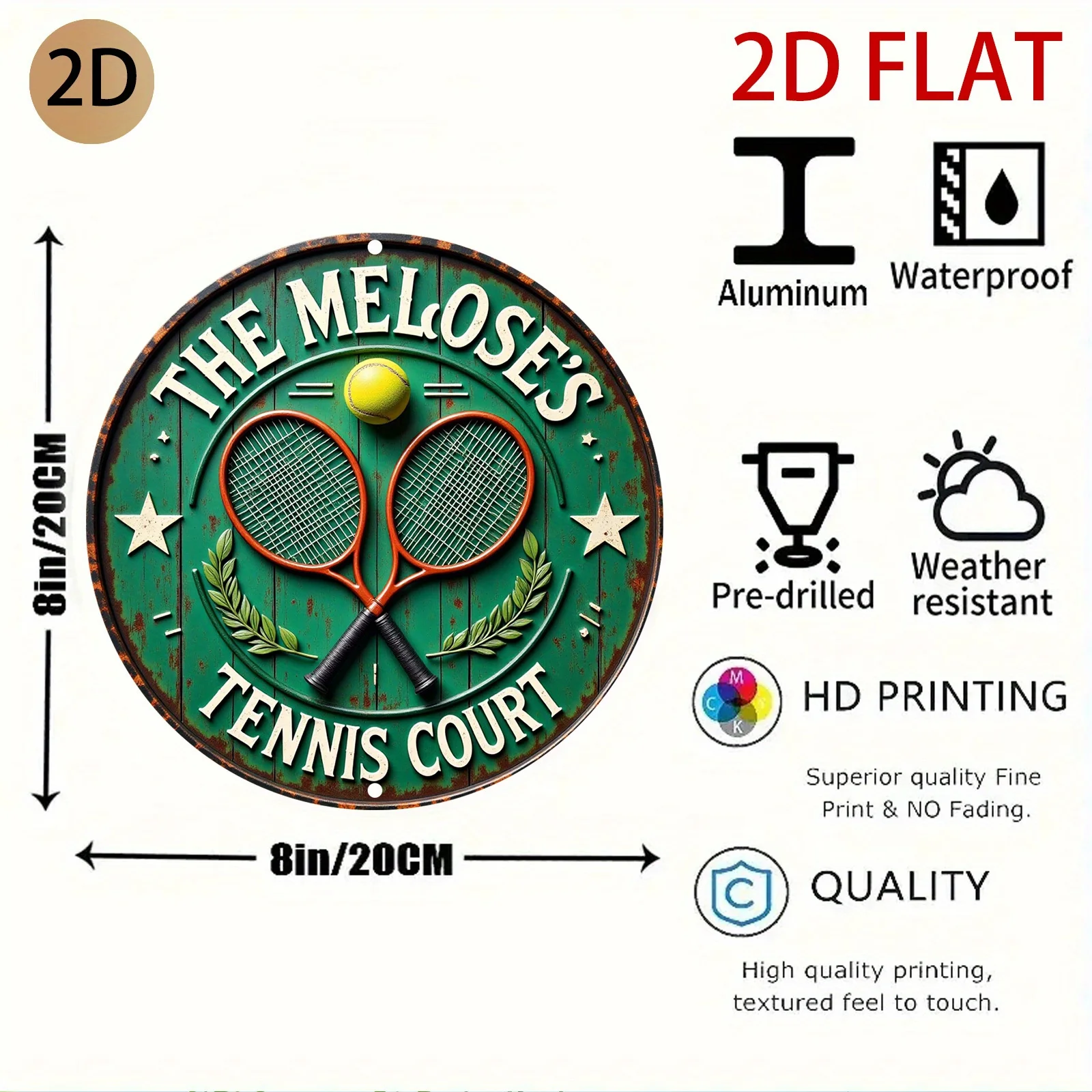 HD Tin Sign, 3D Effect Tennis Court Racket Ball Round Metal Wall Art, Vintage Sports Decor
