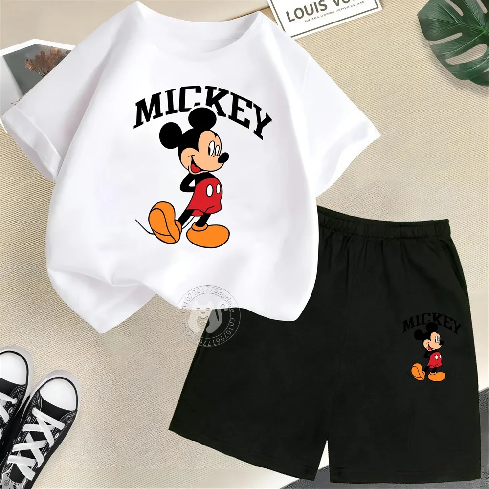 Disney Mickey Mouse Minnie Printed 100% Cotton T-shirt+Shorts Summer Short sleeved Boys and Girls Round Neck Children\'s Set