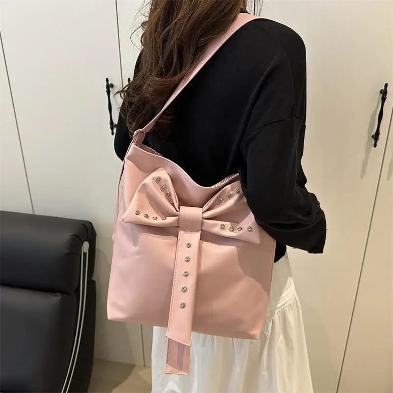 

Retro Trendy PU Simple Solid Color Bow Shoulder Bag Women Fashion Versatile Portable Handbag High Quality Tote Commuter Gift