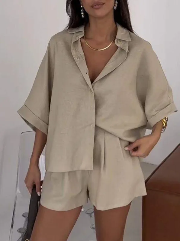 Pantaloncini a mezza manica con colletto casual da donna estivo Set da due pezzi 2025 T-shirt semplice tinta unita Top + pantaloncini Set da indossare