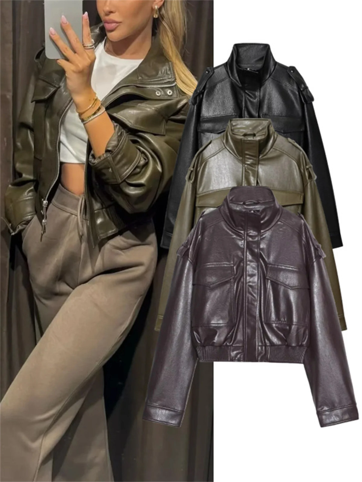 

Casual Sle PU Leather Biker Jaet Women's Slim Fit Long Sve Stand Collar ort Coat Autumn New Faion 474970