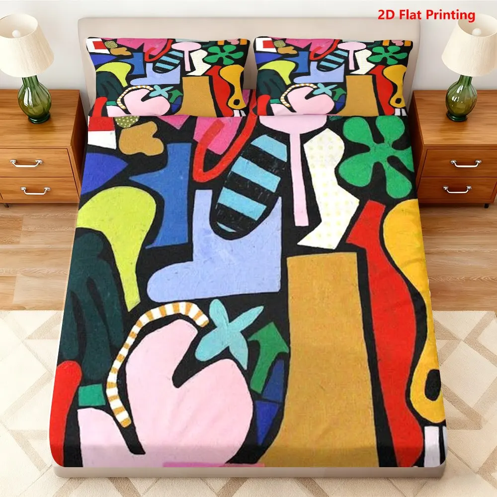 Abstract Colorful Shapes Bed Sheet Set Printed Fitted Sheet Mattress Protector Breathable Polyester Material (Includes 1 Fitted Sheet + 2 Pillowcases) Mattress Protector Fitted Elastic Style Protective Cover Mattress Protector, Fitted Bedding Set Christmas Themed Bedding Baby Bedding Suitable for Nursery Room