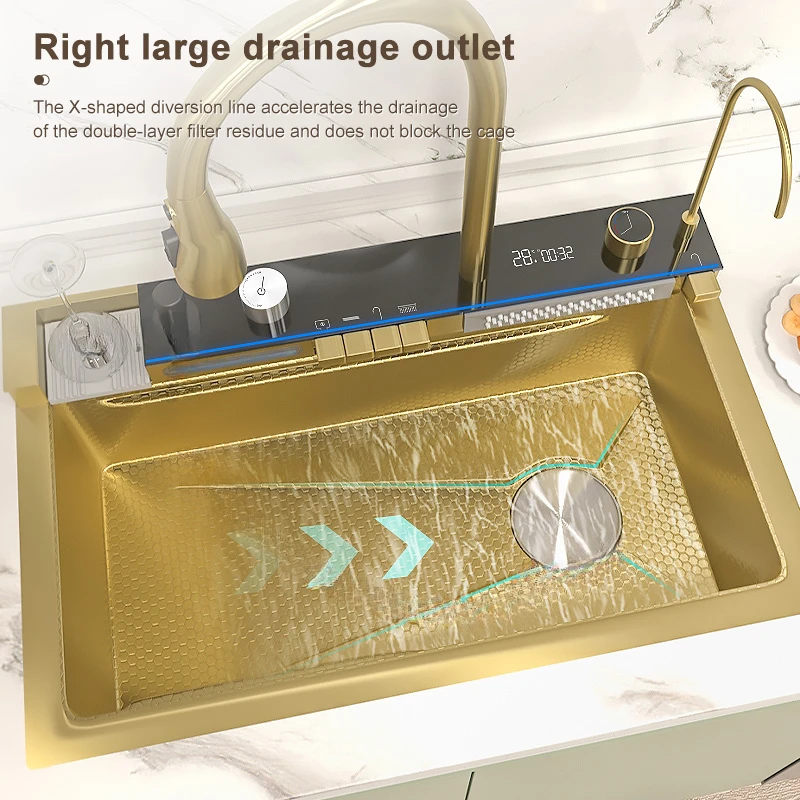 Golden Waterfall Kitchen Sink  Stainless Steel Gold Sink Multifunction Digital Display Set Large Single Slot Wash Basin