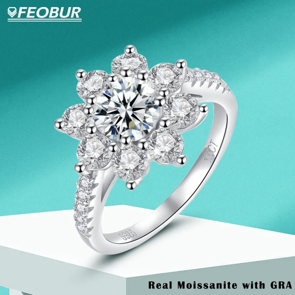 

FEOBUR 2CT Moissanite Wedding Rings for Women S925 Sterling Silver AU750 Plated Elegant Sun Flower Diamond Ring Party Jewelry