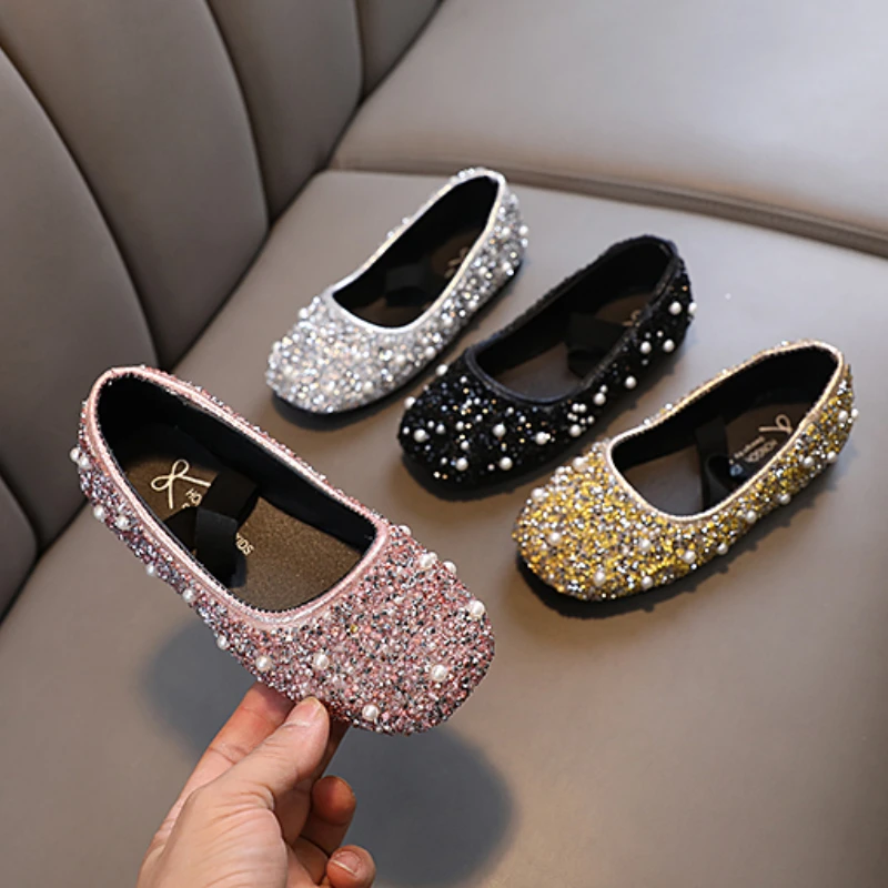 Girl\'s Princess Shoes Glitter Luxury Party Shallow Children Ballet Flats 21-36 Elastic Band Four Colors Beautiful Kids Shoes