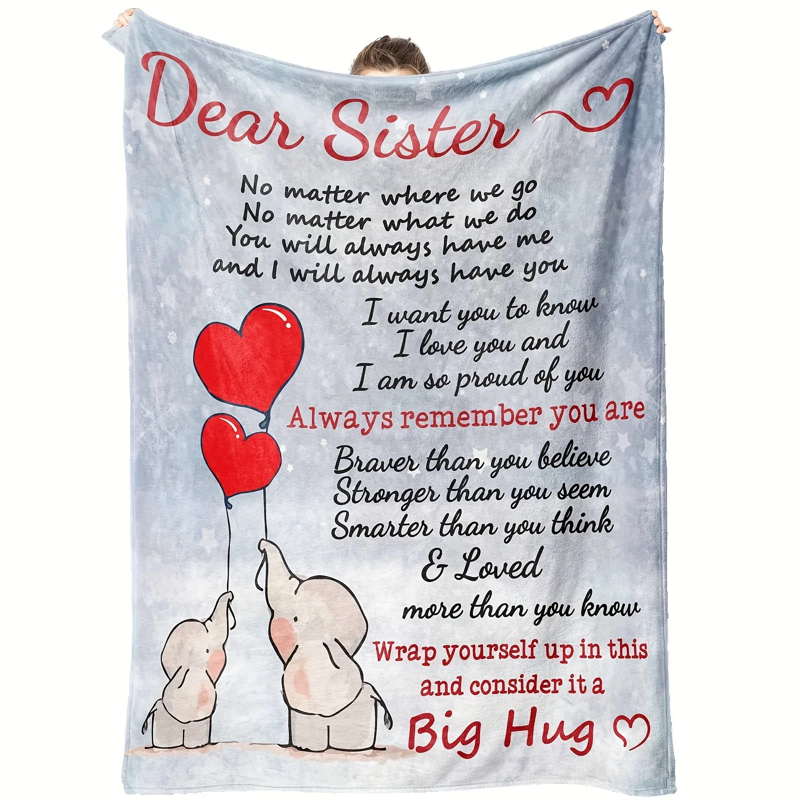 Contemporary Flannel Knitted Elephant Throw Blanket with Heart Balloons for Sister - Machine Washable, Digital Print