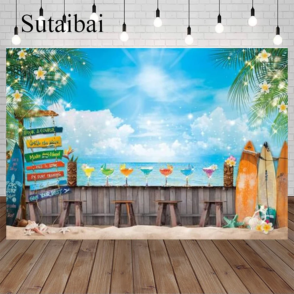 Hawaii Summer Beach Backdrop Tropical Aloha Sky Ocean Tiki Bar Photography Background Luau Boat Board Palm Leaf Party Decor