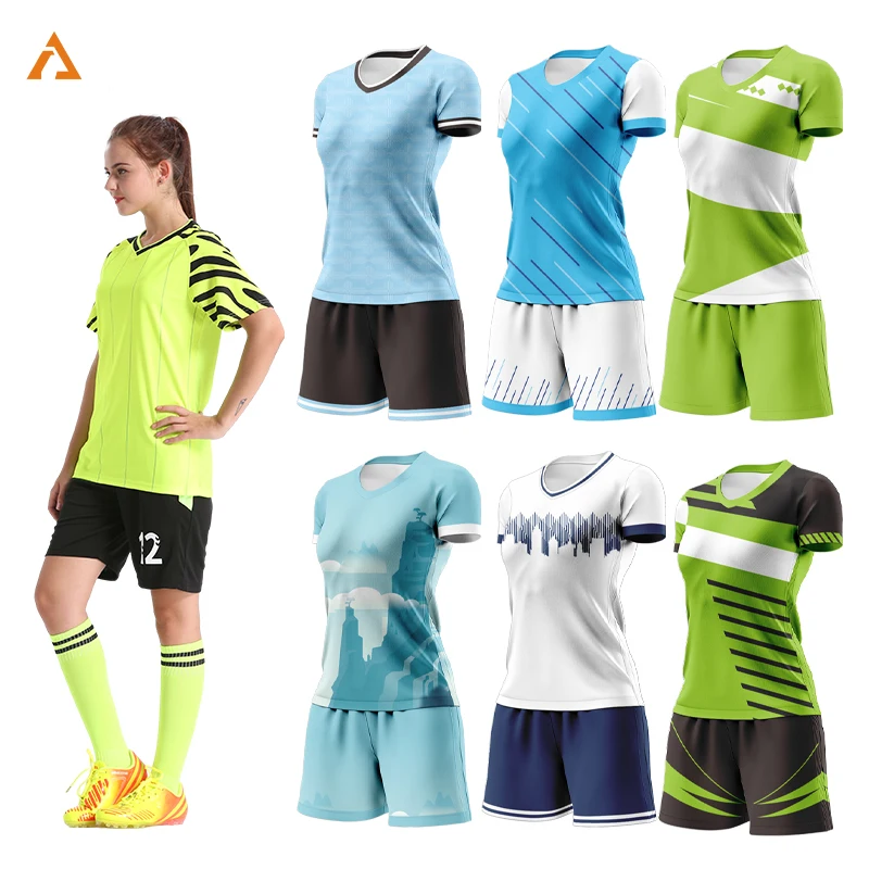 

Custom Cheap Sublimation Girls Soccer Shirts Green Black Stripes Women Football Uniform Casual Soccer Jersey Set For Female H377