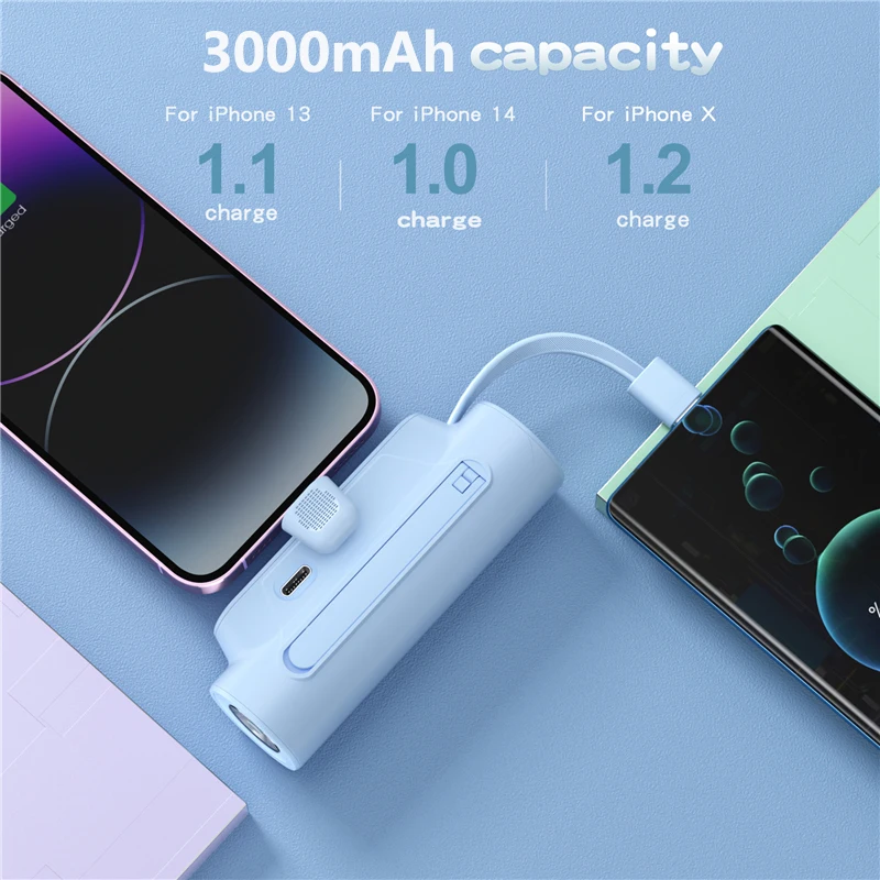 3000mAh Mini Power Bank with Cable Stand LED Light Portable Charger External Battery Powerbank for iPhone Huawei Xiaomi Samsung