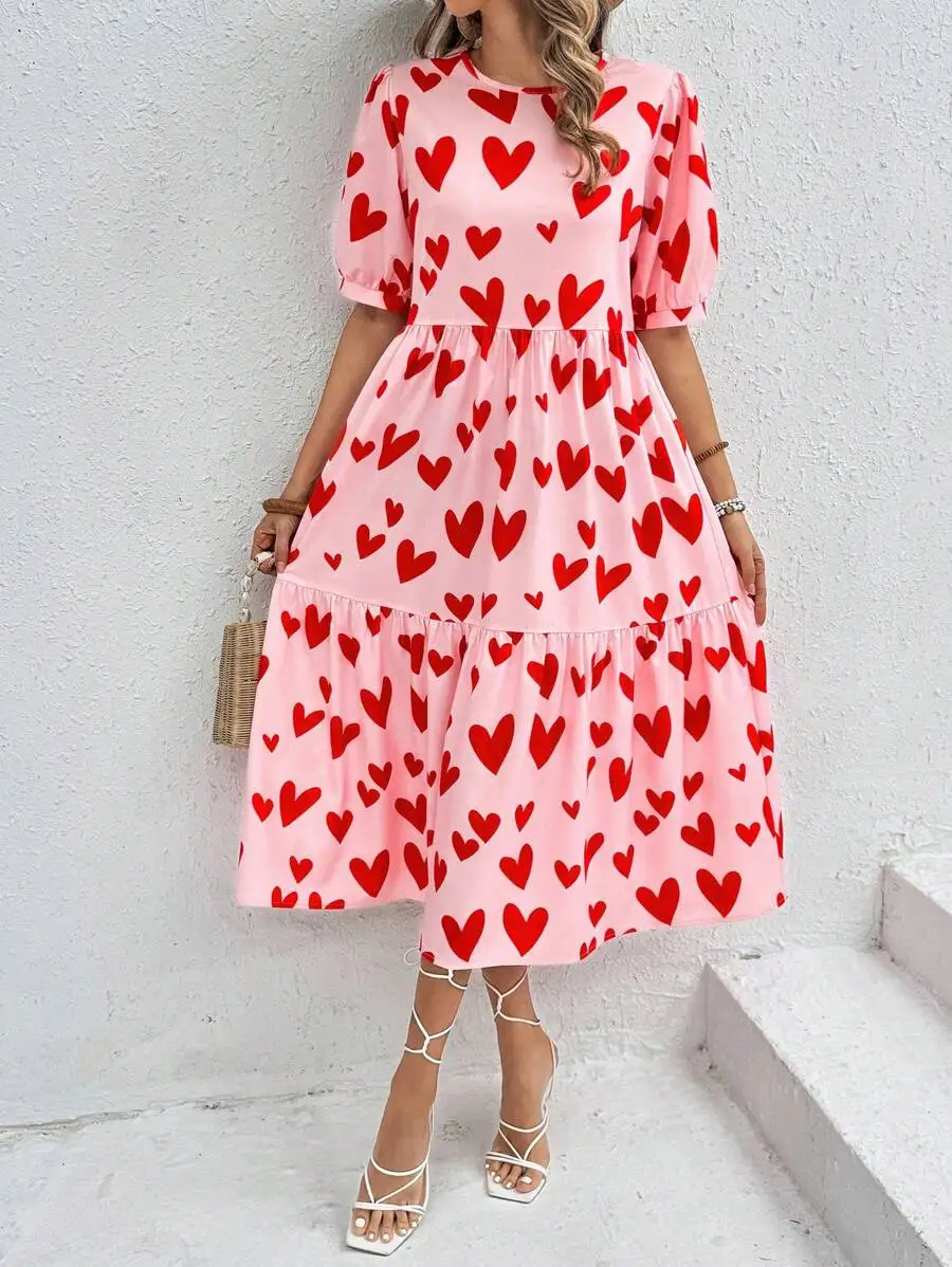 Vestido midi holgado con estampado de corazones, volantes en el bajo y mangas abullonadas para mujer, verano