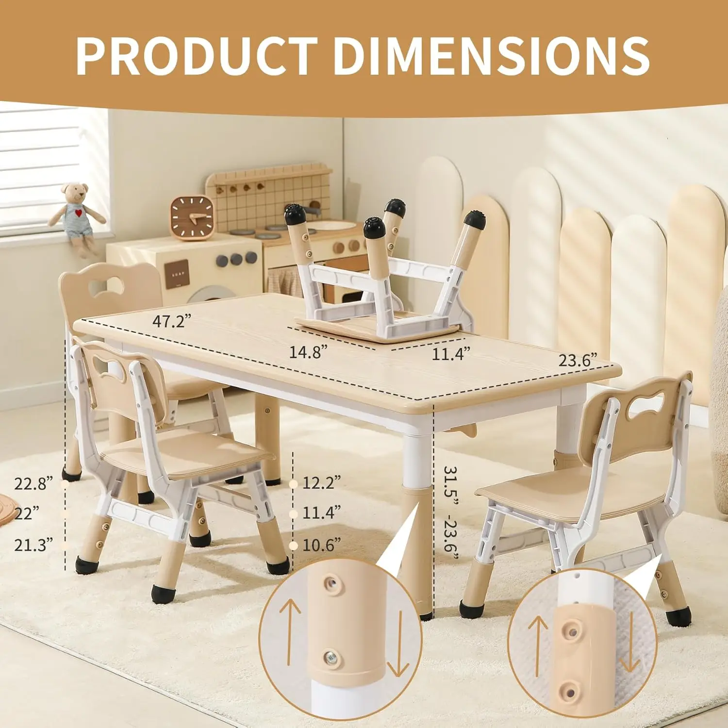 Kids Table and 4 Chairs Set, Height Adjustable Toddler Table and Chairs Set, Graffiti Desktop Children Activity Table for Ages 2