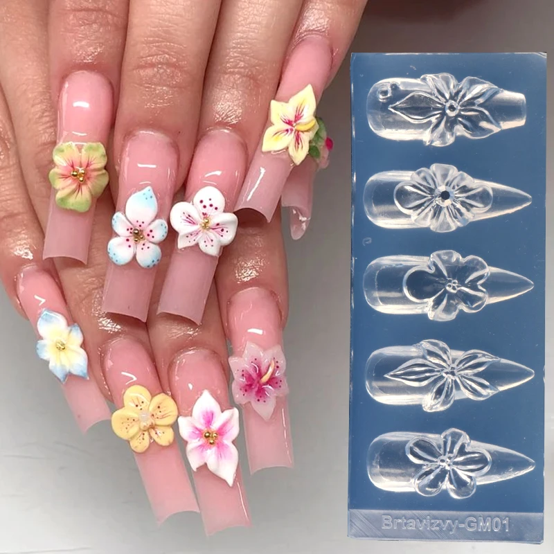Molde de silicona 3D de flores para uñas, lirio e hibisco, plantilla de tallado de pétalos, esténciles para gel polish, decoración de primavera/verano 2
