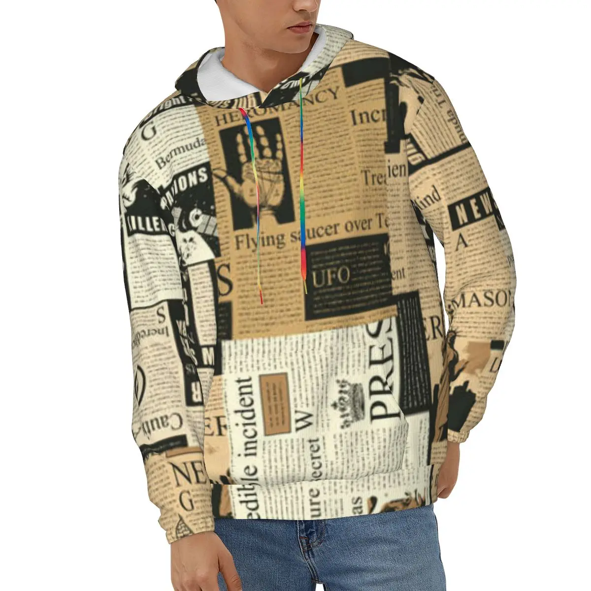 

Abstract Old Newspaper Pattern Men's Hoodies Autumn Winter Hooded Sweatshirt Hoodie Hip Hop Pullover Hoody