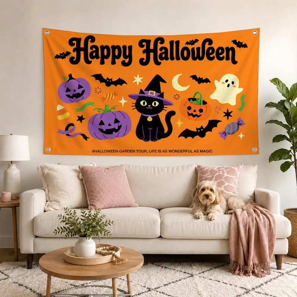 Orange Witch Cat Posters Flags Decor Garage Flags for Bedrooms Outdoor Decor Tapestry Flaga Advertising Barber Shop
