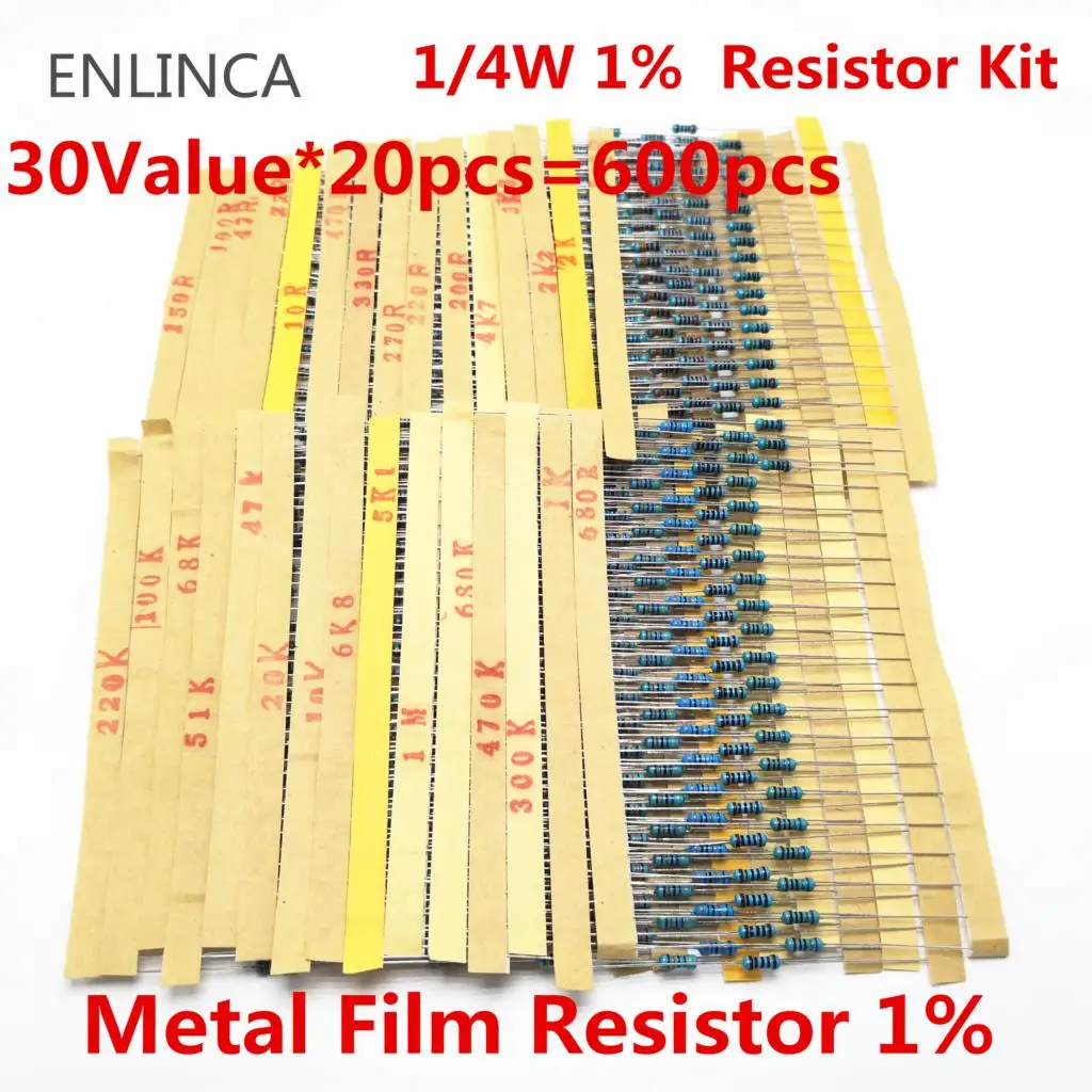 600pcs/lot 30Values* 20pcs 1% 1/4 W Resistor Pack Set Diy Metal Film Resistor Kit Use Colored Ring Resistance (10 Ohms~1 M Ohm)