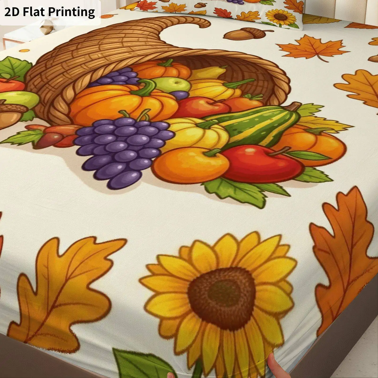 3-Piece Mattress Protector Set, 1 Fitted Sheet + 2 Pillowcases (Without Filling) 2D Flat Printing, Mattress Protector Set with Autumn Harvest Pumpkin and Sunflower Theme, Autumn Decorative Bedding, Mattress Protector Set for All Seasons, Machine Washable and Easy to Care For, Suitable for Master Bedroom, Guest Room, Dormitory, Home Sleep Guardian, Dust-Proof, Anti-Mite, Anti-Bacterial Design, High Quality