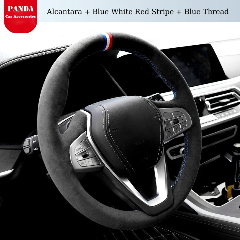 Genuine Leather Steering Wheel Cover Wrap Blue Thread Non-Slip Car Accessoires Specifically For BMW X3 X4 X5 G01 G02 G05 G20 G30
