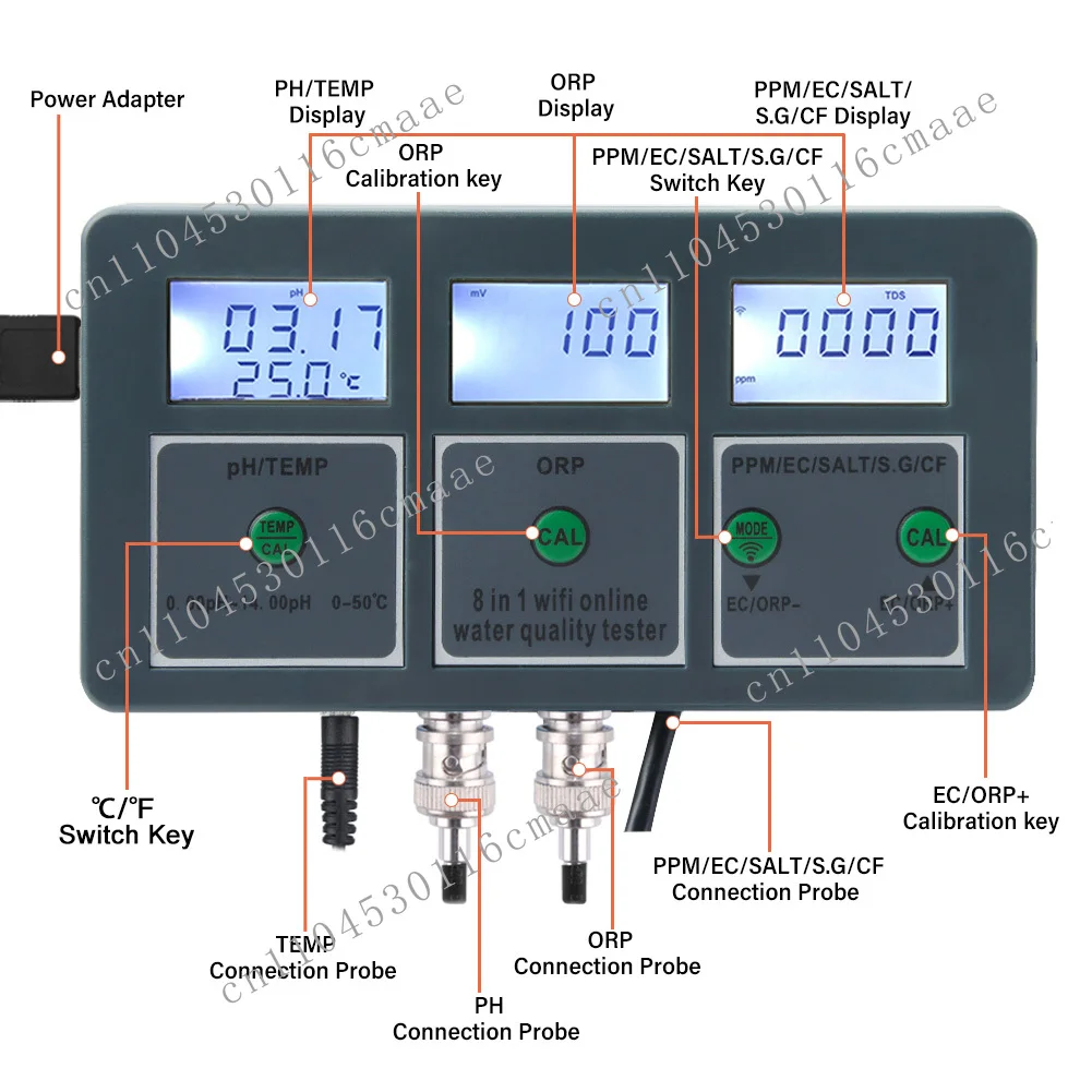 Tuya Wi-Fi Smart Digital Display Ph Meter and Salinity Meter 8-in-1 Data Logging for Garden Hydroponic Plants OEM Customizable