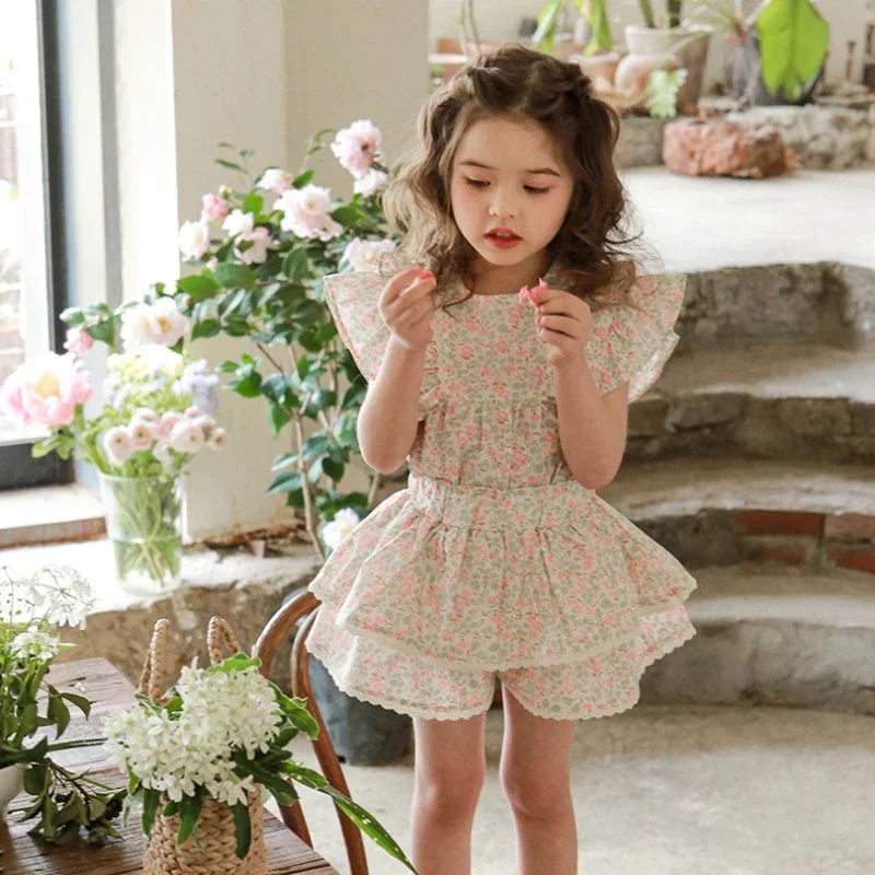 

Children Clothing Girls Cute Shirt 2024 Summer Korean Style Girls Fashion Floral Lace Shirt Princess Sweet Casual Girls Shirt