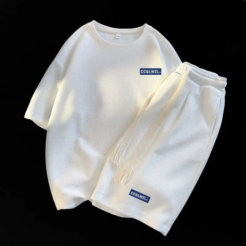 

Waffle Casual Set for Men Summer Loose Short-sleeved T-shirt Men's Wear Stylish Sportswear Tops Casual T Shirts + Shorts