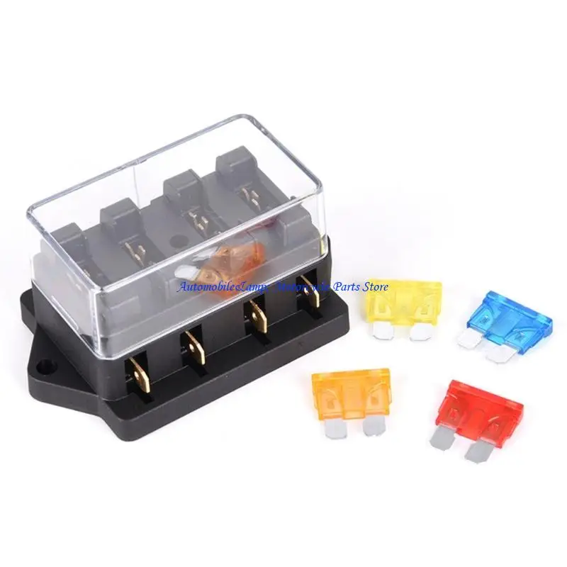 H7BD Automotive Circuit Distribution Block 4 Way with Clear Cover and 4 Blade Pieces, Car Motorcycle Wiring Unit for Light Horn