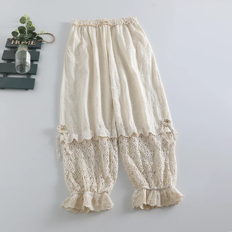 Calça feminina bordada com flores Mori de renda doce, calça oca, elástico na cintura, babados, casual calça solta de algodão, japonês, kawaii, menina