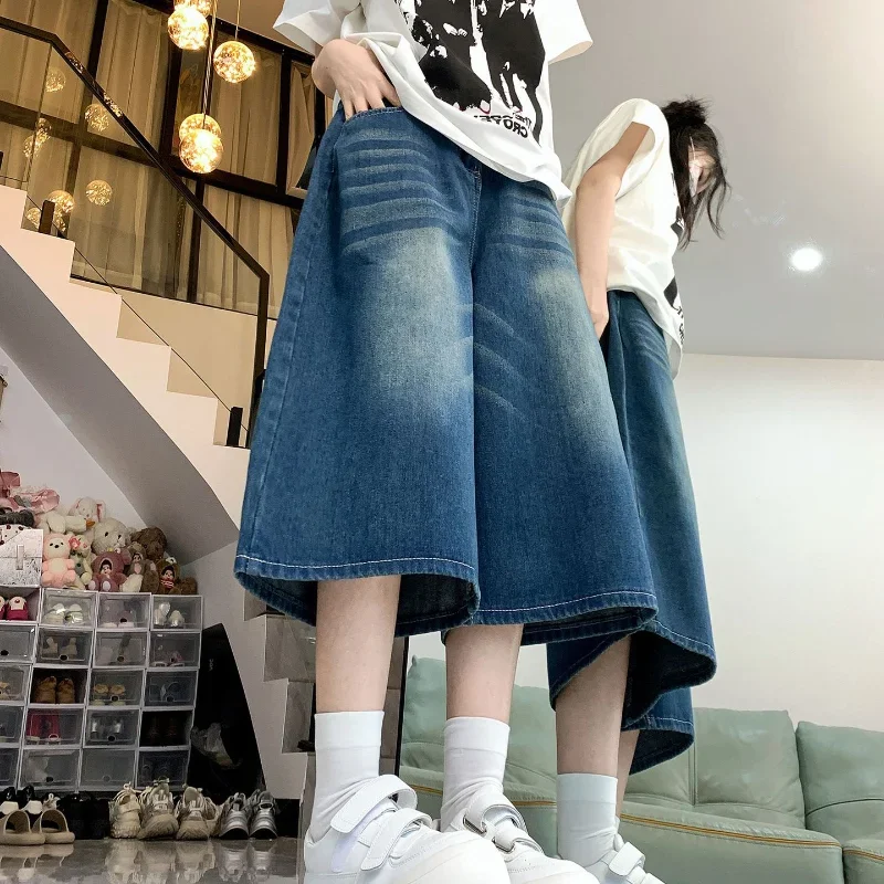 Retro Washed Blue Cropped Jeans for Women in Summer Pear Shaped Figure Slimming Mid Length Jeans Fashion Hight Waist Pants