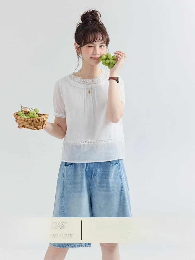 

North Island AMUU Original Lace Collar Pleated Pure Cotton Thin Shirt Women Summer New Style Age Reduction Color Short ...
