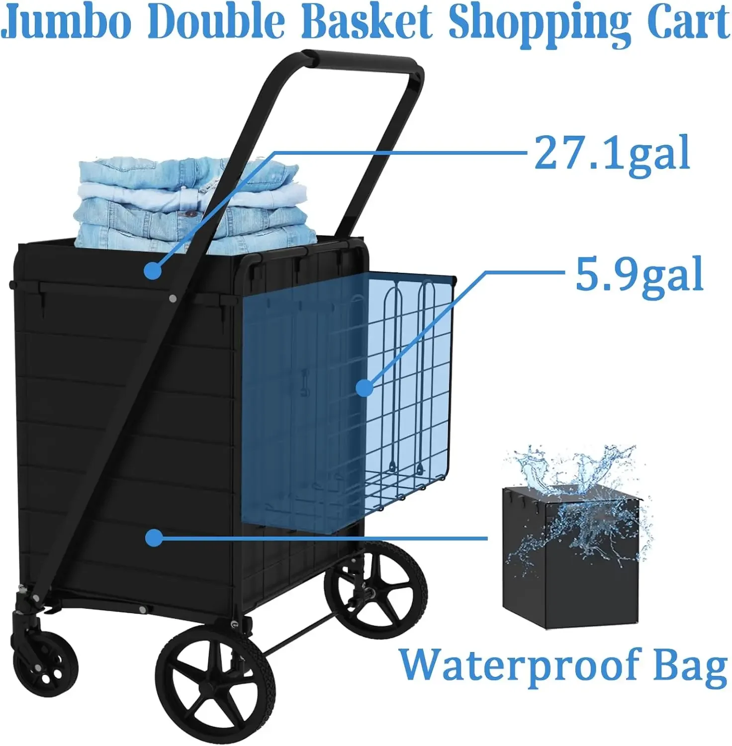 Heavy Duty Folding Shopping Cart for Groceries, Jumbo Grocery Carts with 360° Swivel Wheels, Waterproof Bag