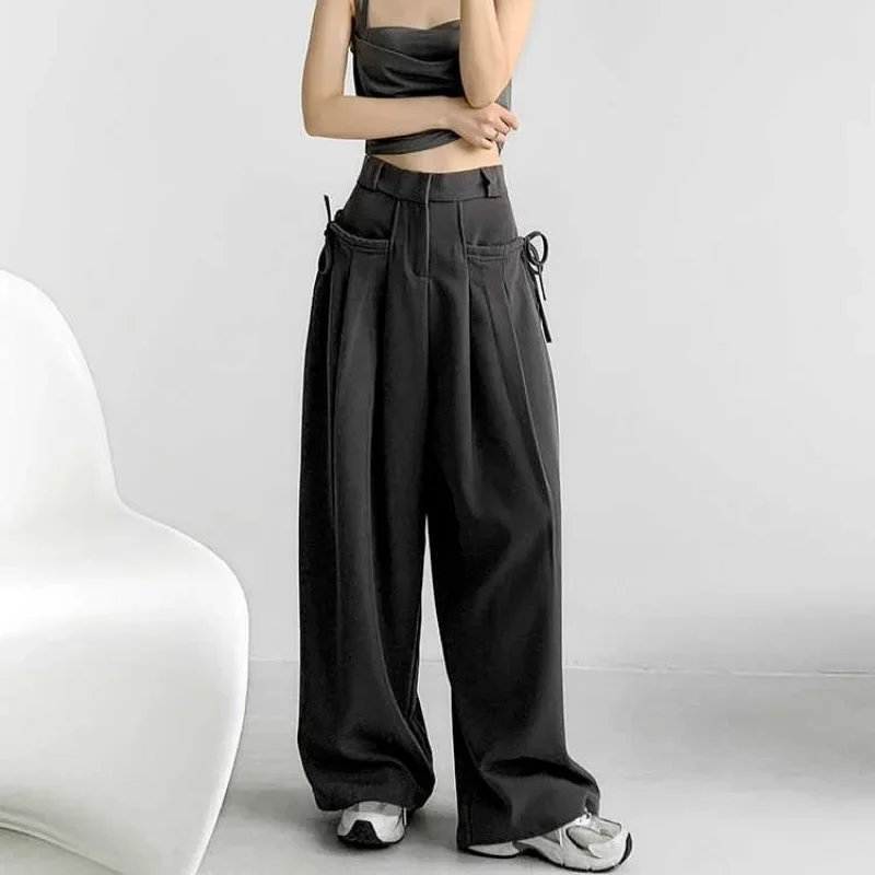 Harajuku Retro Casual Pants Women High Waist and Wide Legs Versatile Gentle Solid Color Side Style Strap Up Suit Pants Women