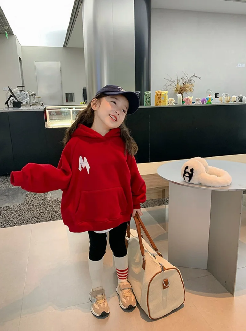 Winter Girls Red Loose Alphabet Warm Fleece Lined Hoodie Kids Sweatshirt Children Outfit Baby Hooded Tracksuit Tops 2-8 Years