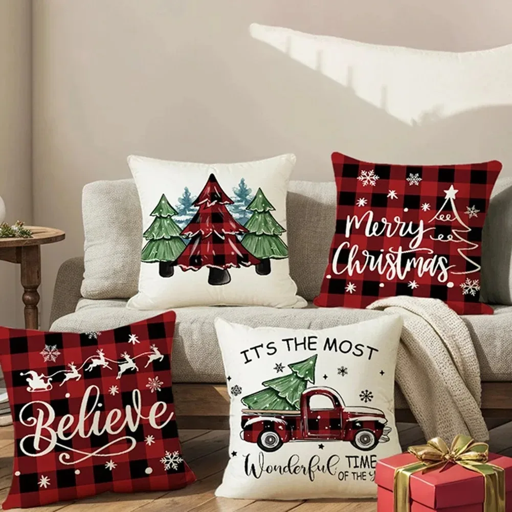 New Year Christmas Tree Pillow Cover 45x45cm Red Holiday Decor Cushion Cover for Sofa Living Room Bedroom Xmas Pillowcase