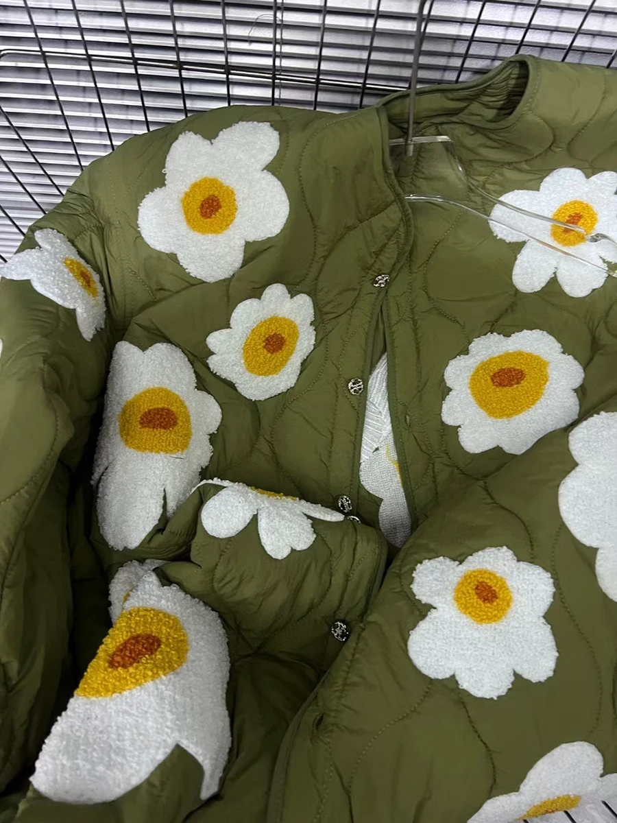 VGH Stickerei Blumen Design Stepp Mantel für Frauen V-ausschnitt Lose Langarm Patchowrk Einreiher Unten Jacke Weibliche Winter