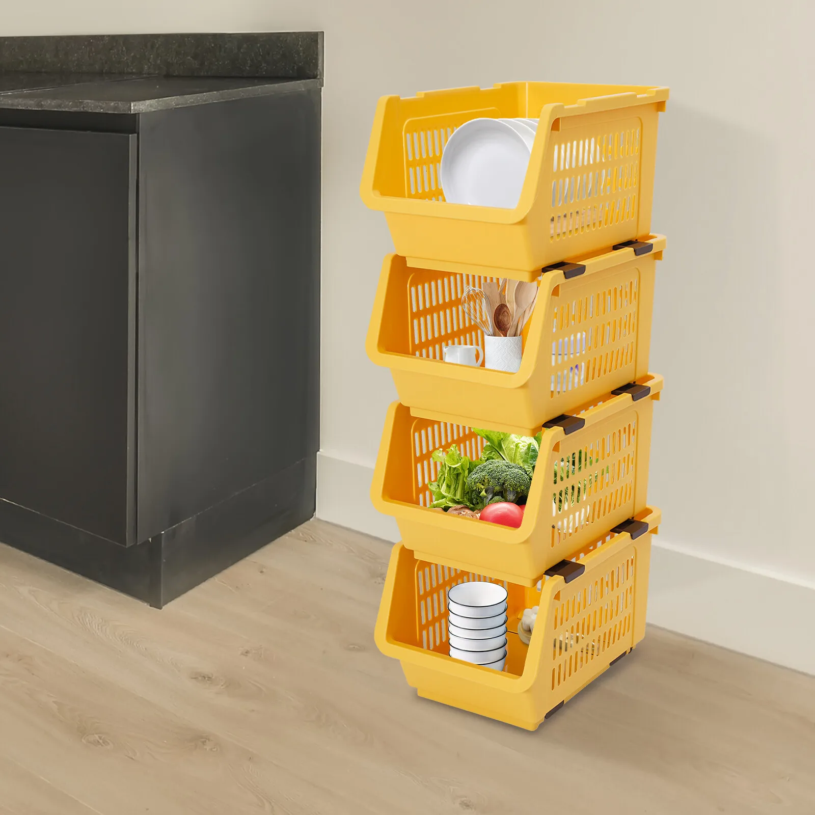 

Vibrant Yellow Stacking Baskets Set of 4, Heavy Duty Storage Organizers with Handles, Modern Home Storage System