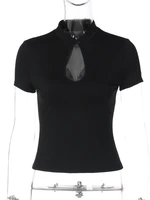 FDYOUI Fashion Stand Collar Button Hollow Out T-shirt for Women 2026 Sexy Short Sleeve Slim Cropped T Shirts Black Wine Red Tops - Image 5