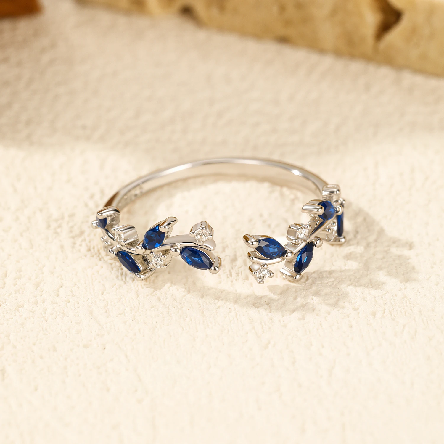 MODIAN 925 Sterling Silver Delicate Pianta Foglie Royal Blue Zircone Anelli di barretta regolabili per le donne Gioielleria raffinata
