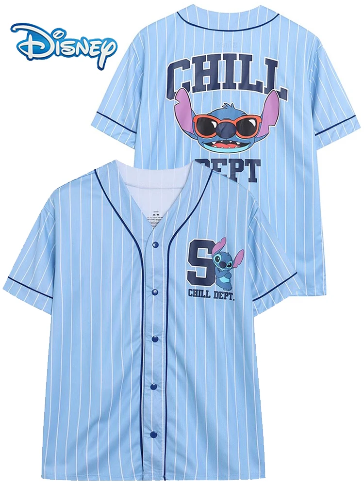 

Disney T-Shirt Stitch Little Monster Letter Cartoon Women Short Sleelve Tee V-Neck Single-breasted Baseball Jersey Quick-dry Top