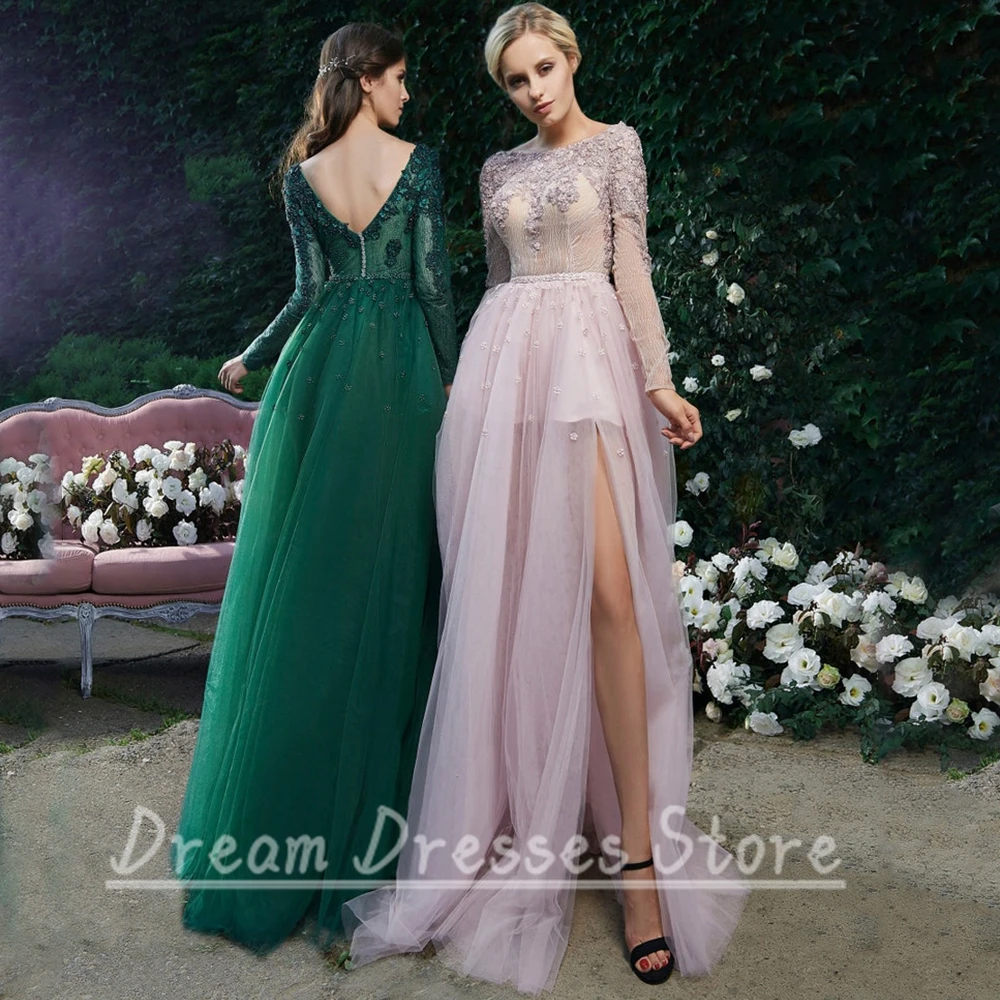 Delicate Applique Scoop Evening Dress Long Sleeve Classic Tulle A-Line High Side Slit Floor Length Open Back Ladies Party Gowns