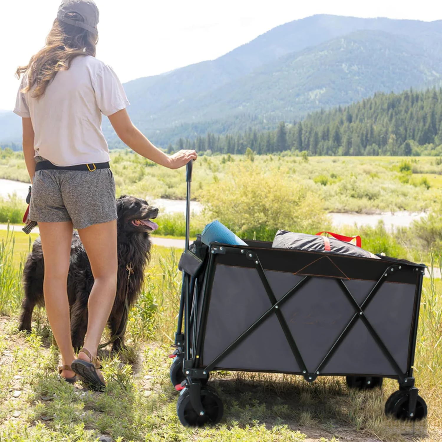 2025 New 280L Collapsible Foldable Wagon Cart, 400LBS Capacity Extended Height Wagon with Brakes Cargo Net